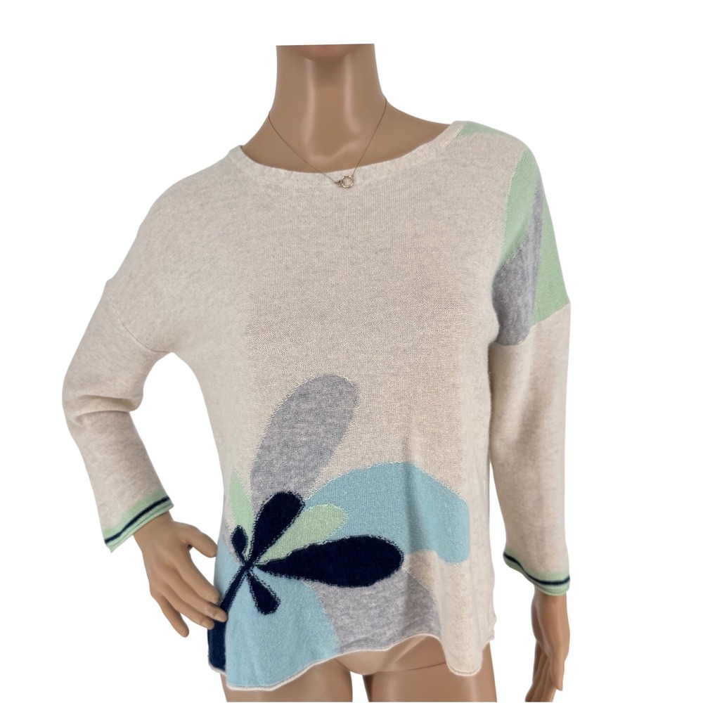 Forte Cashmere Womens Small Floral Intarsia Sweater Beige‎ Blue 100% Cashmere S